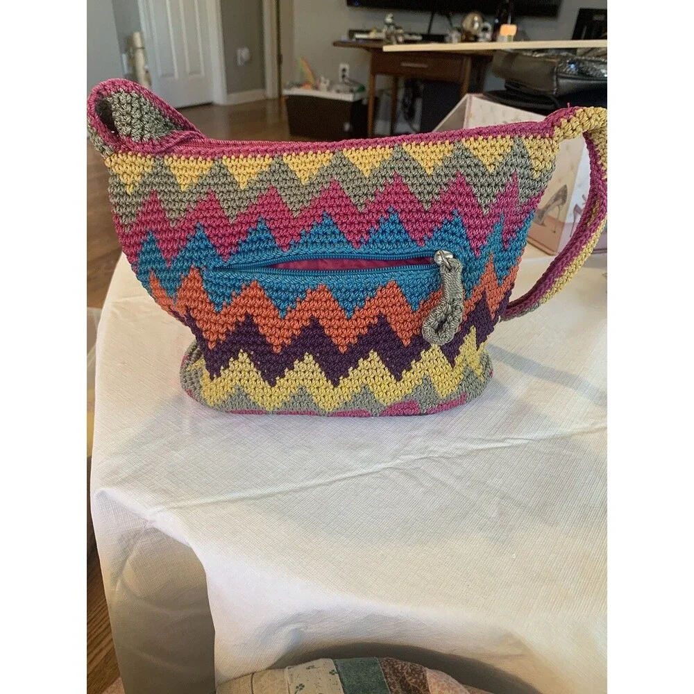 The Sak Chevron Multicolor Crocheted Lined Shoulder Bag Bright Hot Pink~Teal